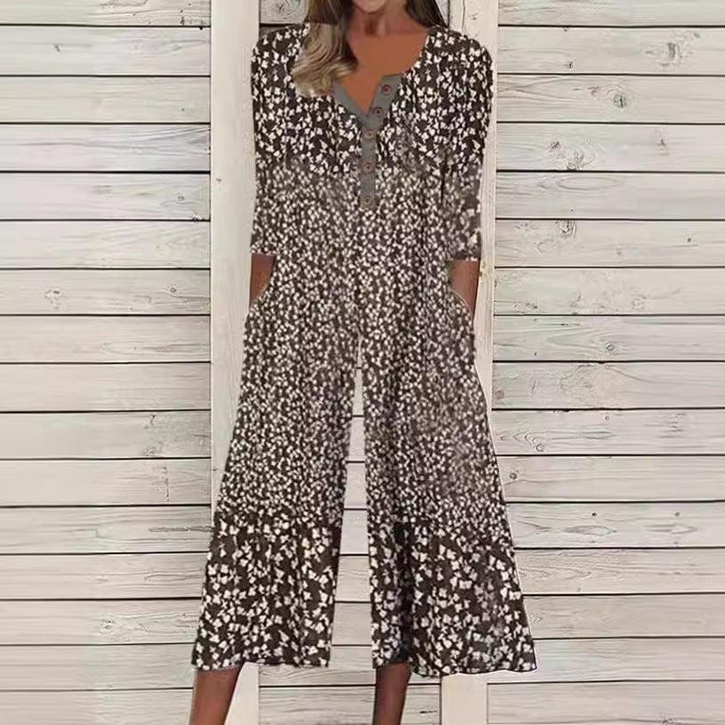 Women's Leaf Print V-Neck Jumpsuit with Short Sleeves and Wide Legs