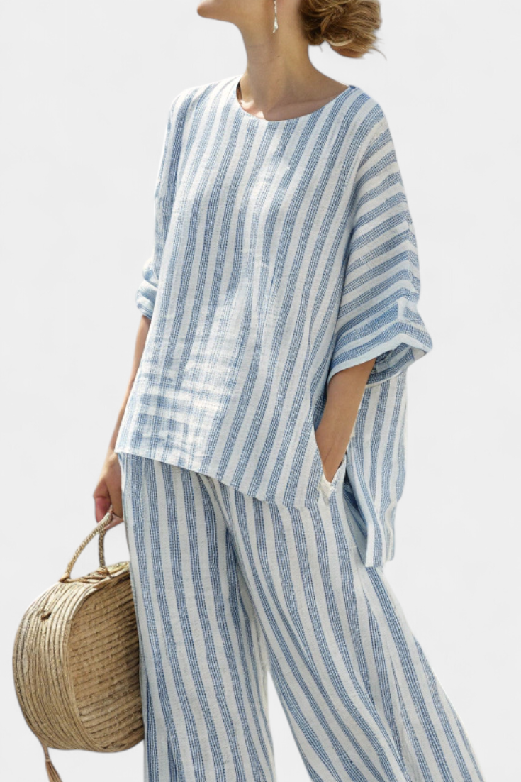 Women's Striped Top with Wide Leg Trousers Set