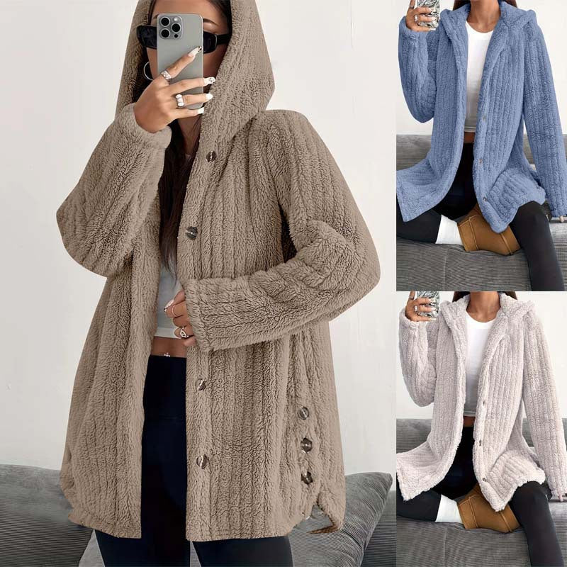 Women's Hooded Cardigan with Front Pockets and Long Sleeves