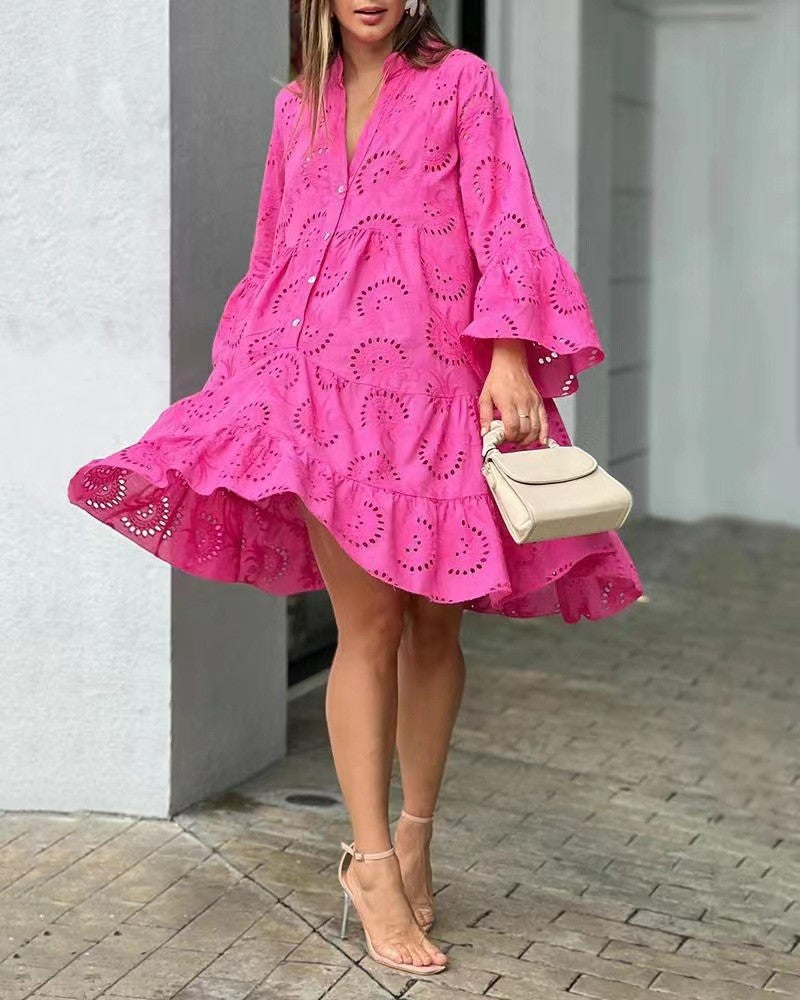 Women's Tiered Mini Dress with Patterned Design and Flared Skirt