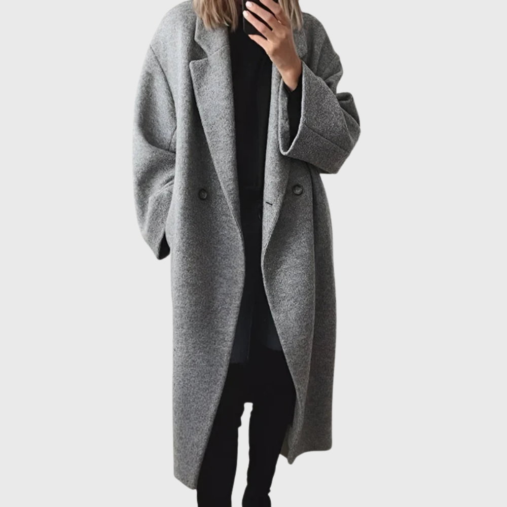 Women's Longline Overcoat with Button Closure and Side Pockets
