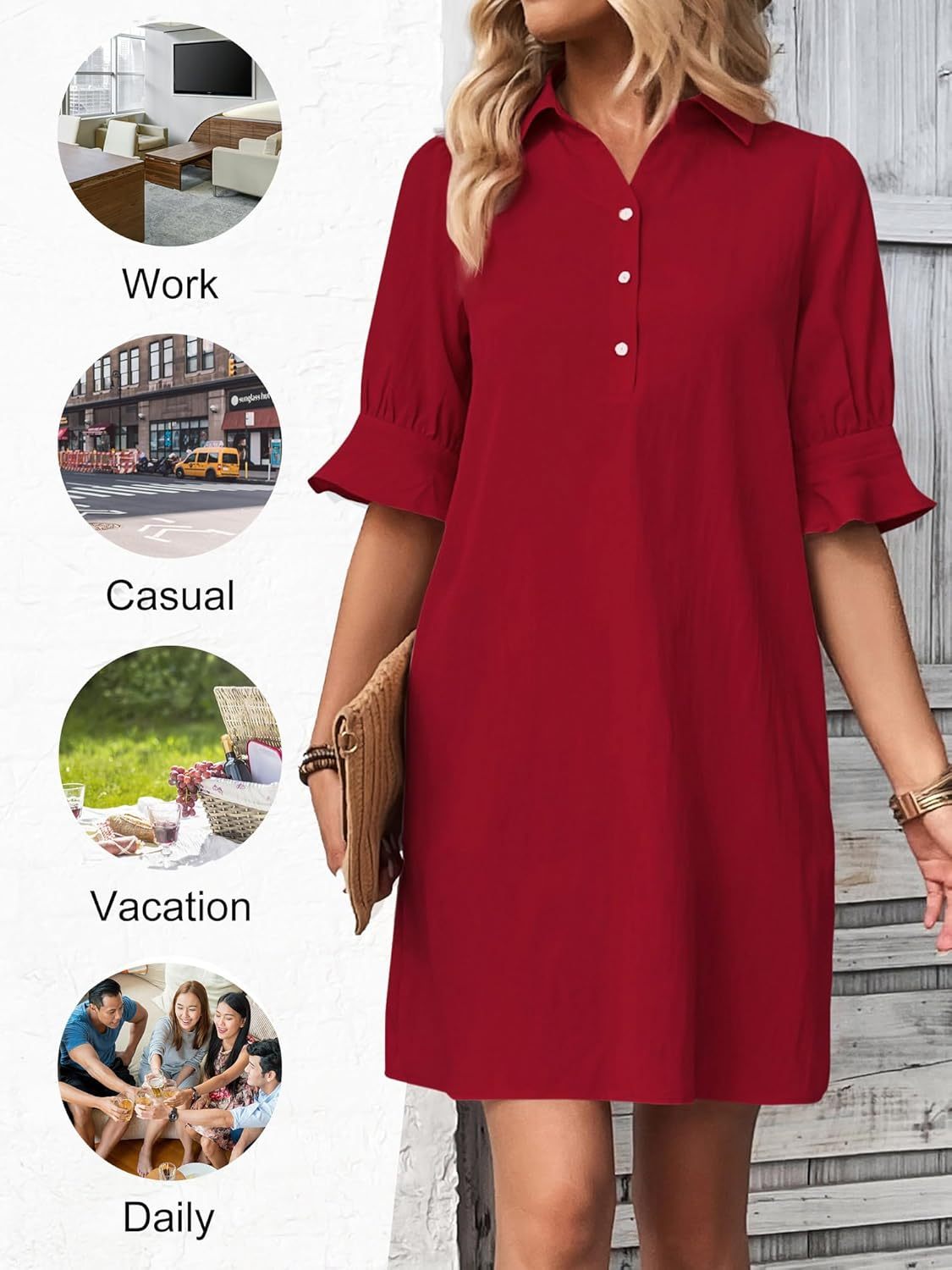 Women's Button-Down Shirt Dress with 3/4 Sleeves and Knee Length