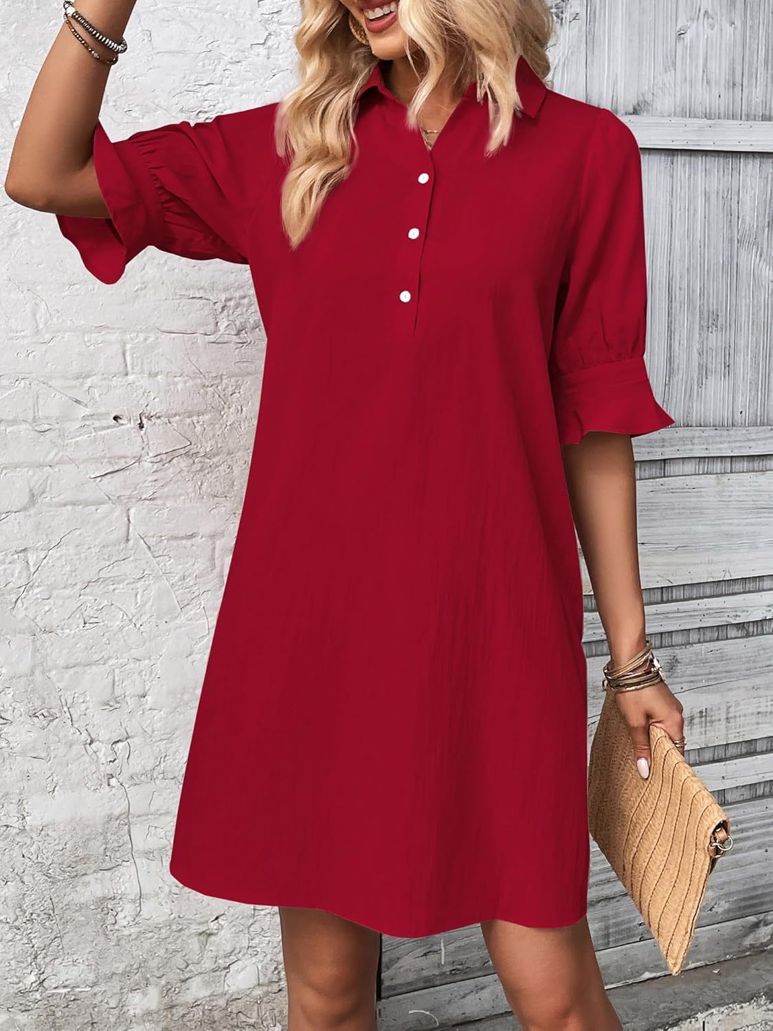 Women's Button-Down Shirt Dress with 3/4 Sleeves and Knee Length