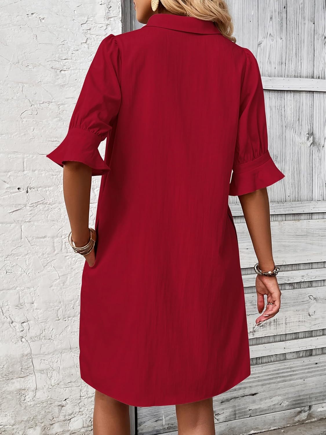 Women's Button-Down Shirt Dress with 3/4 Sleeves and Knee Length
