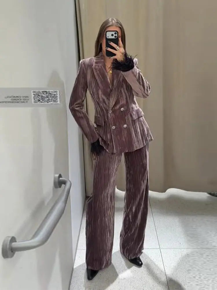 Women's Double-Breasted Notch Lapel Blazer and Wide-Leg Pants Dressy Set | Two-Piece