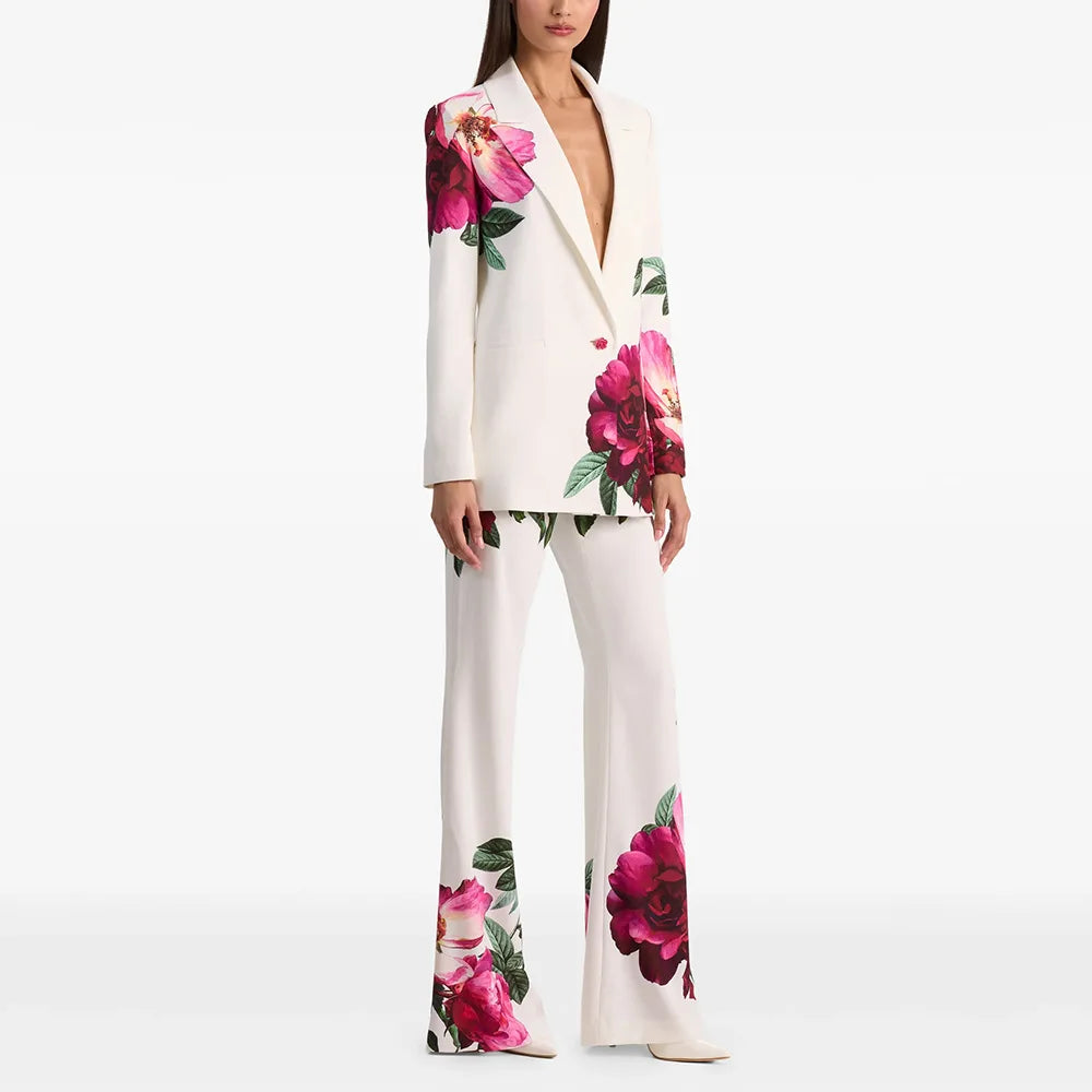 Women's Notch Lapel Single-Button Blazer and Flare Pants Set | Floral Print