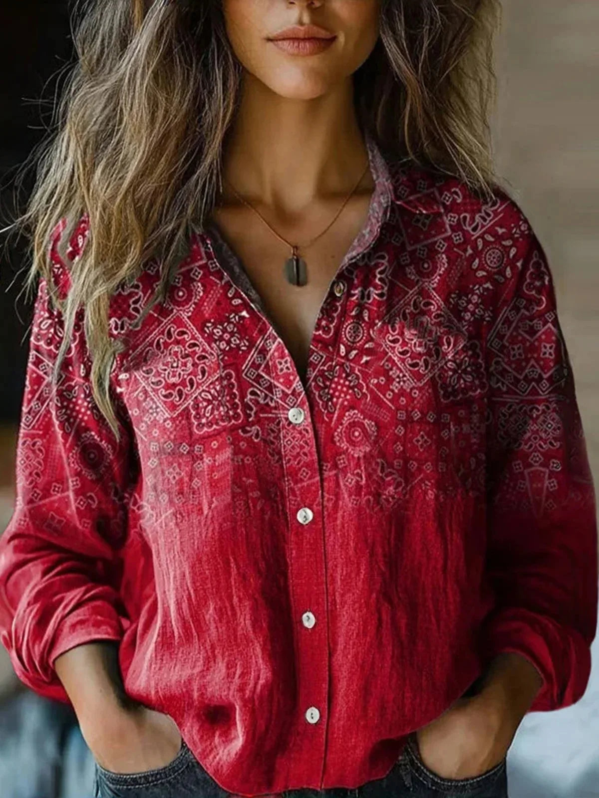 Women's Long Sleeve Button-Down Shirt with Floral Print and Autumn Colors