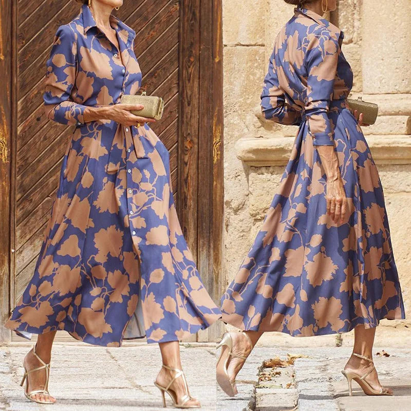 Women's Long Sleeve Draped Midi Dress with Lace Detail and Flowing Design