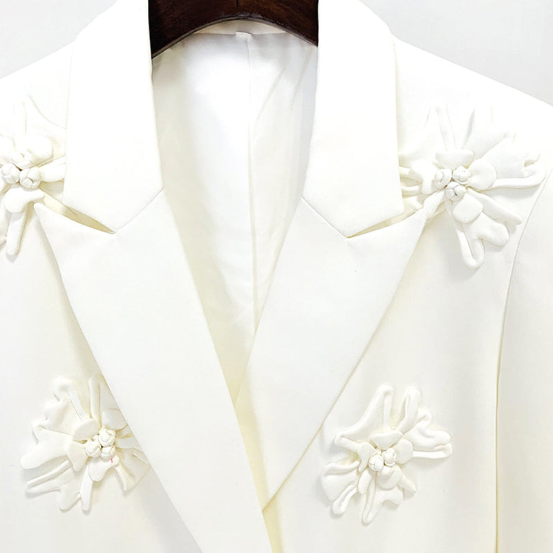 Women's Double-Breasted Blazer and Wide-Leg Pants Dressy Set | 3D Flower Appliques