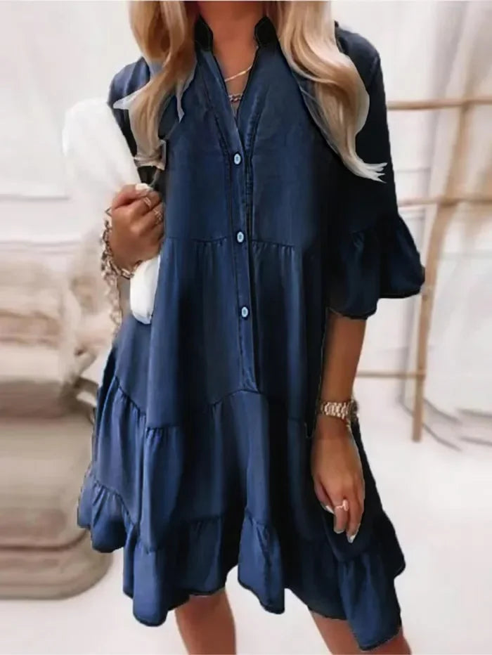 Women's Tiered Ruffle Mini Dress with Button-Down Design and Versatile Style