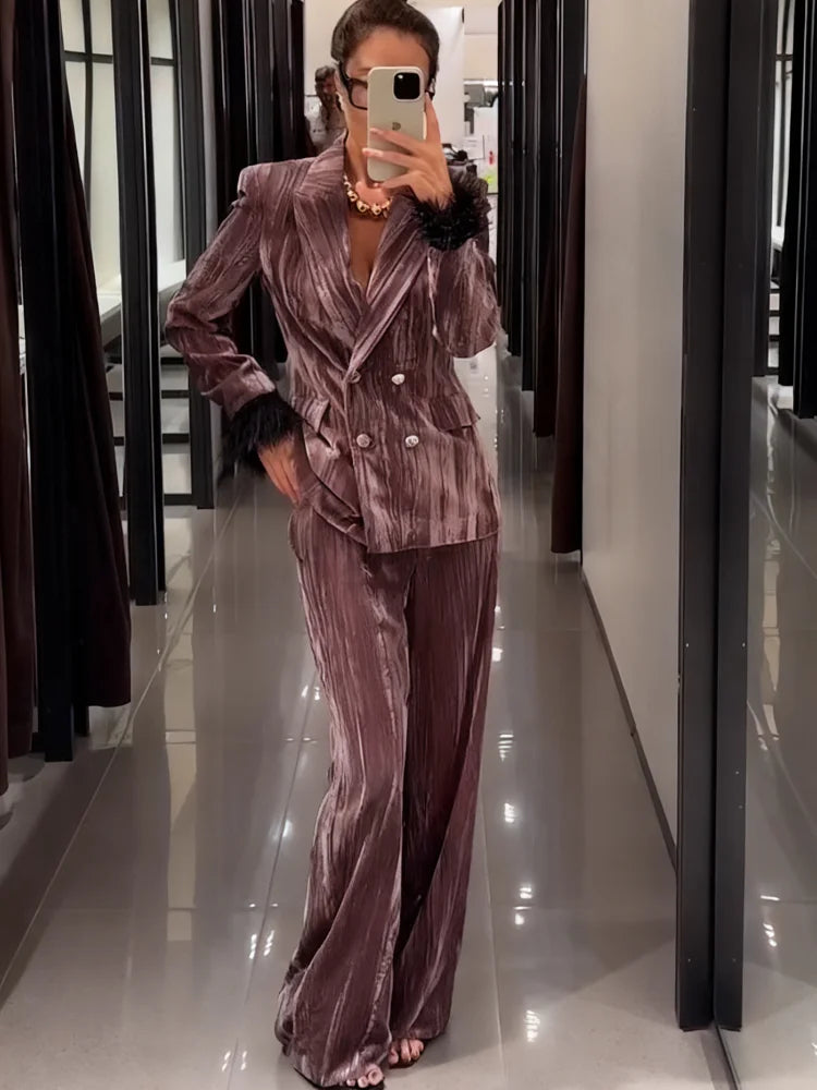 Women's Double-Breasted Notch Lapel Blazer and Wide-Leg Pants Dressy Set | Two-Piece