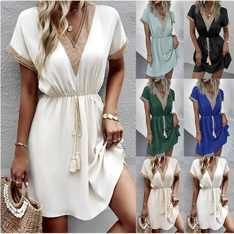 Women's Casual Boho Dress with V Neck and Flowy Design