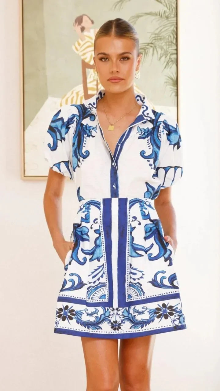 Women's Puff Sleeve Mini Dress with Floral Print and Relaxed Fit