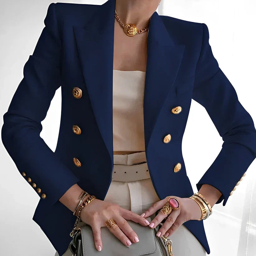Women's Double-Breasted Blazer with Gold Buttons and Tailored Fit