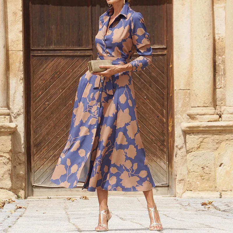 Women's Long Sleeve Draped Midi Dress with Lace Detail and Flowing Design