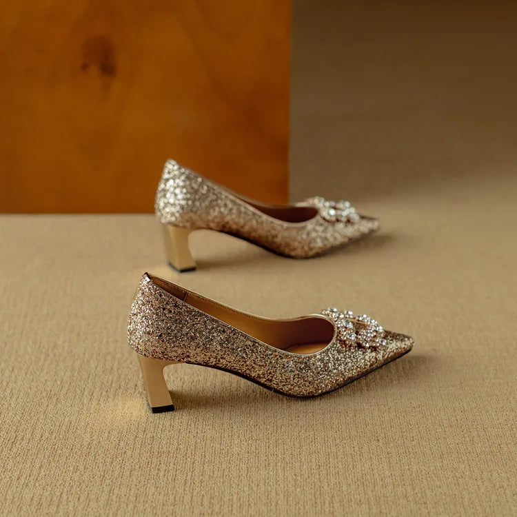 Stella | Women's Glitter Block Heel Pumps Pointed Toe Crystal Buckle