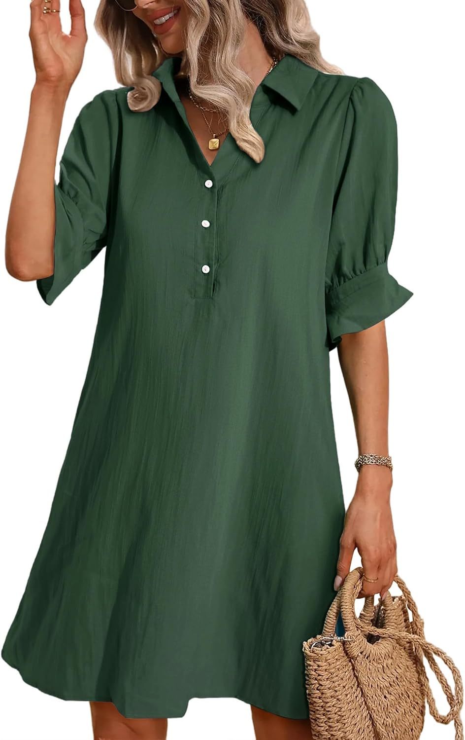 Women's Button-Down Shirt Dress with 3/4 Sleeves and Knee Length