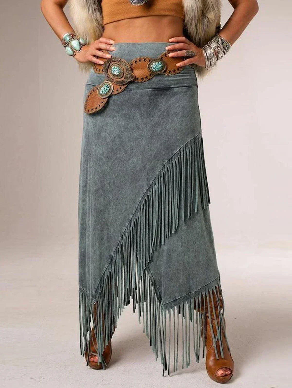 Women's A-Line Maxi Skirt with Fringe Detail and Flowing Design