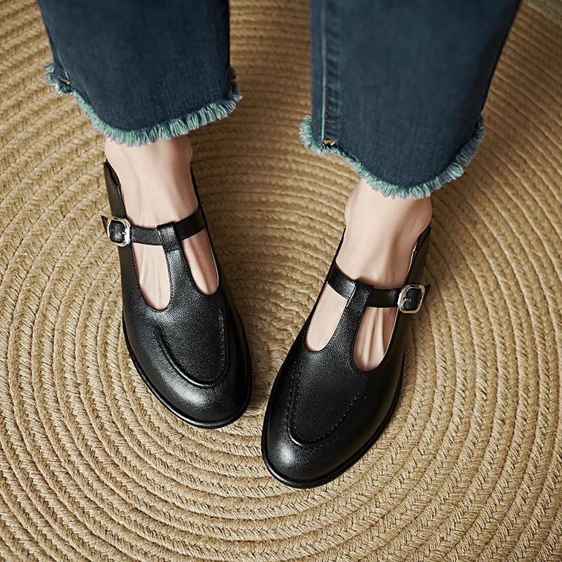 Petra | Women's T-Strap Mary Jane Flats Round Toe Low Heel Pumps