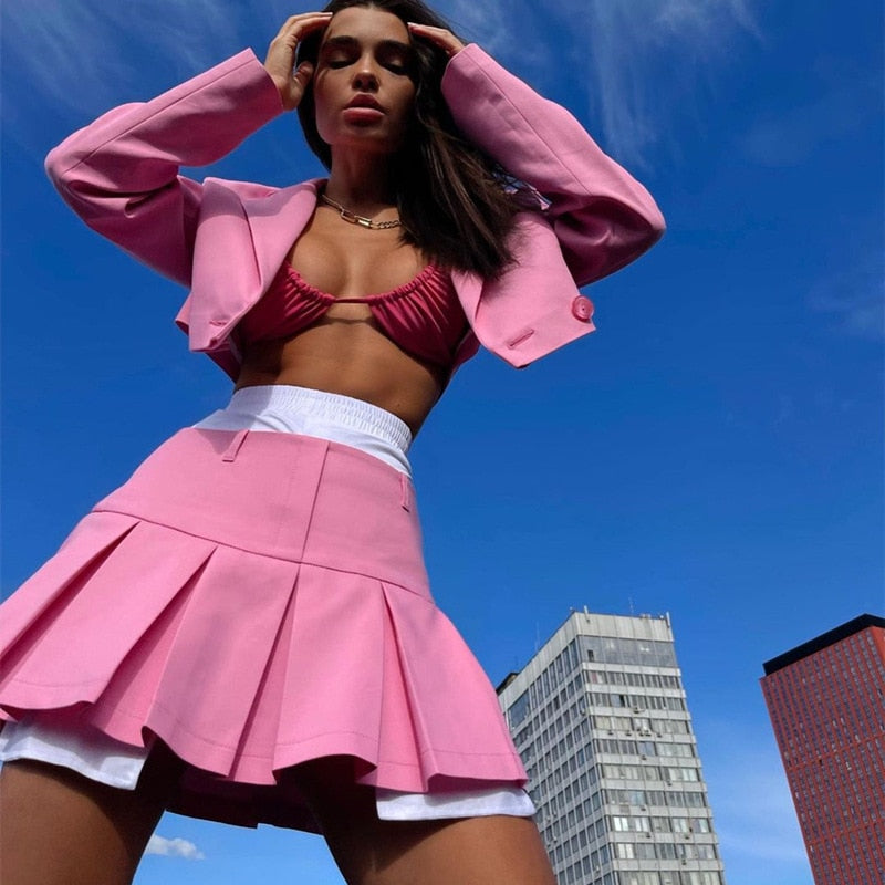 Women's Cropped Double-Breasted Blazer and Pleated Mini Skirt Set | Notch Lapels and Box Pleats