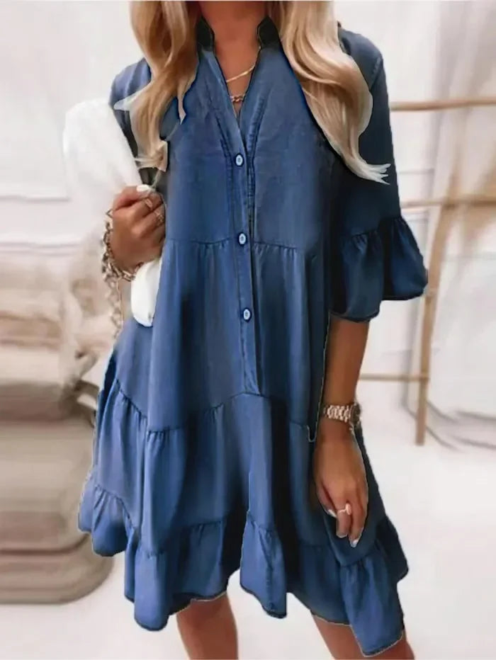 Women's Tiered Ruffle Mini Dress with Button-Down Design and Versatile Style