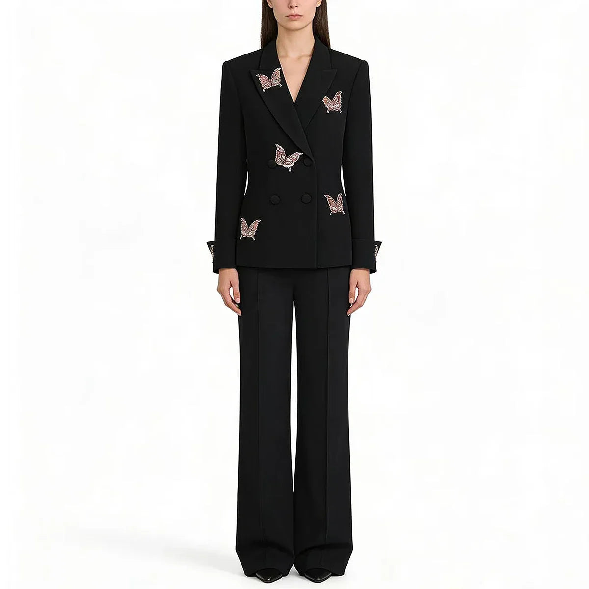 Women's Double-Breasted Peak Lapel Blazer and Wide-Leg Pants Set | Two-Piece
