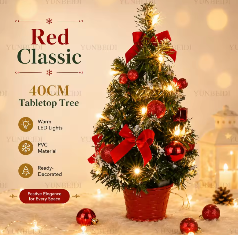 Mini Artificial Christmas Tree – Pre-Lit LED, 40cm Desktop Décor