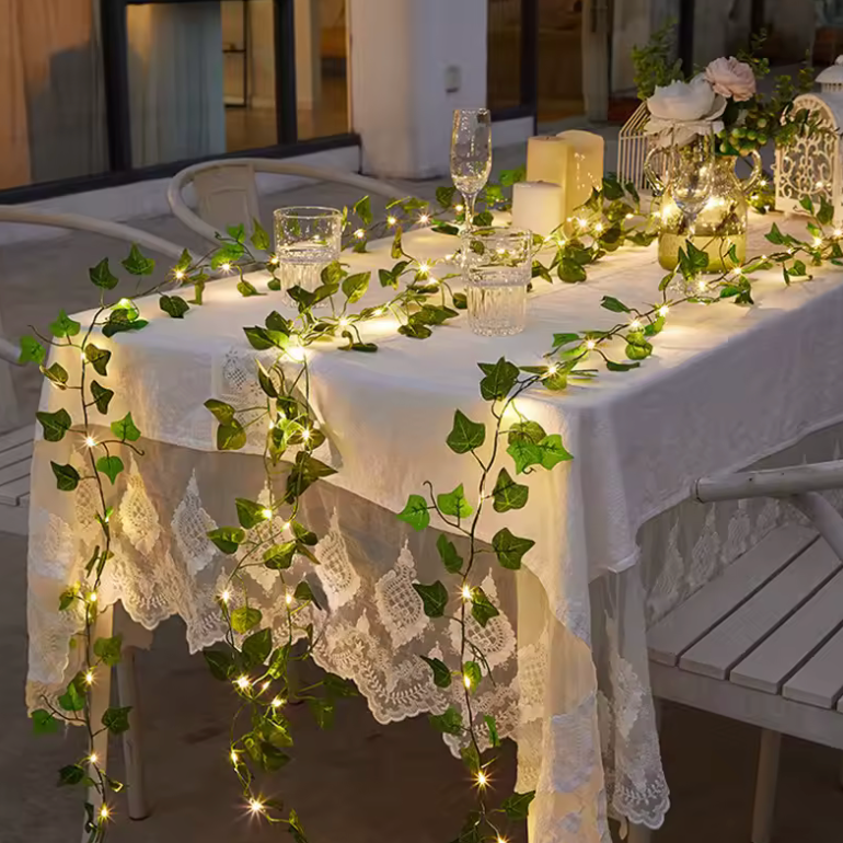 Battery-Powered Vine Fairy Lights – Green Leaf Garland with Warm LED Glow