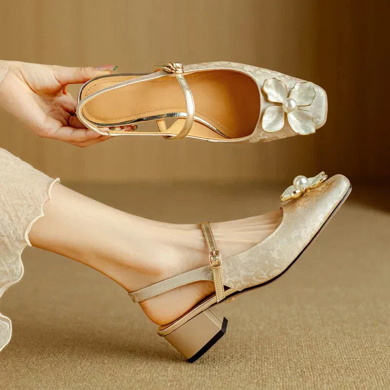 Isabeau | Women's Floral Mary Jane Pumps Block Heel Jacquard Strap