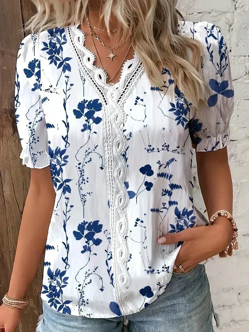 Women's Floral Lace Blouse with V-Neck and Short Sleeves