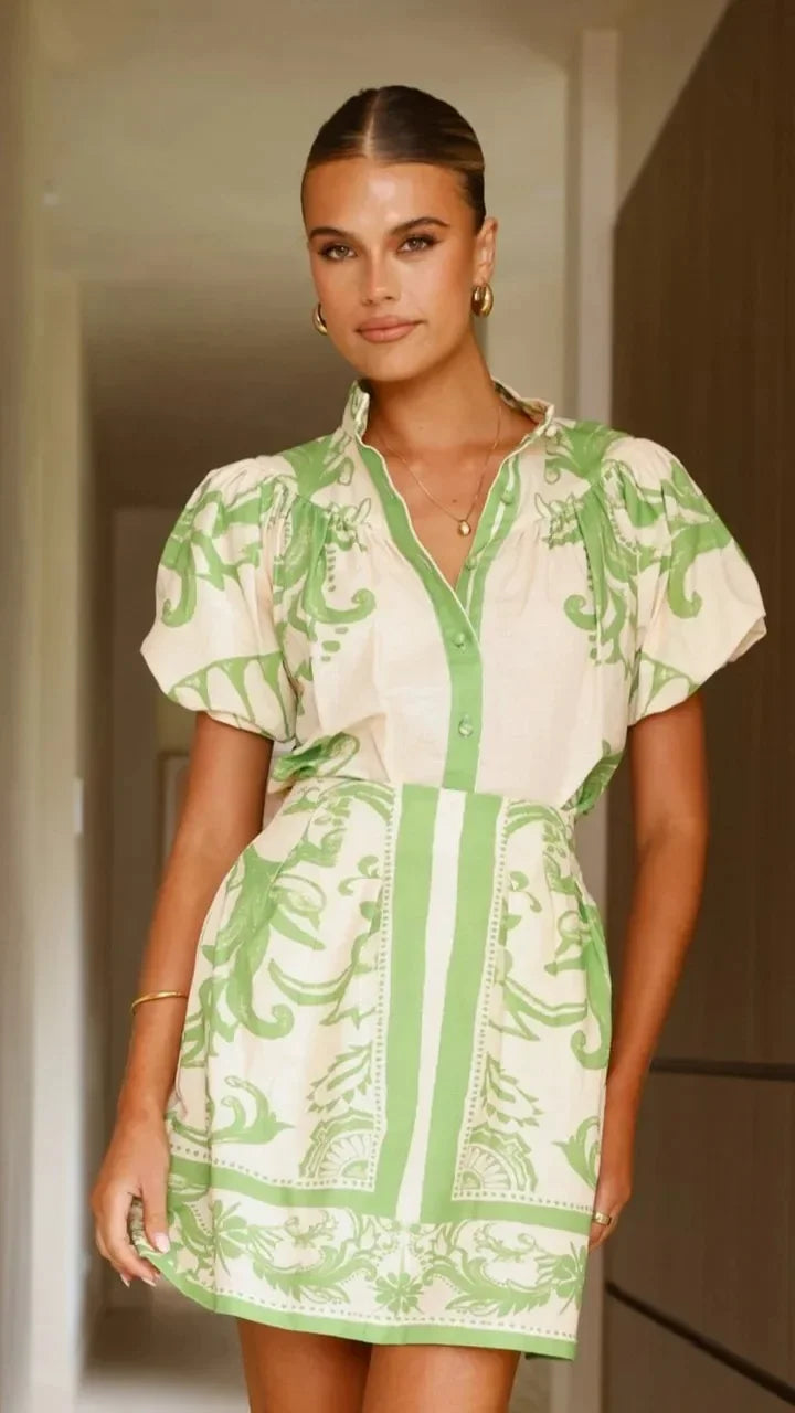 Women's Puff Sleeve Mini Dress with Floral Print and Relaxed Fit