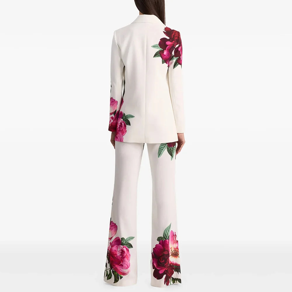 Women's Notch Lapel Single-Button Blazer and Flare Pants Set | Floral Print