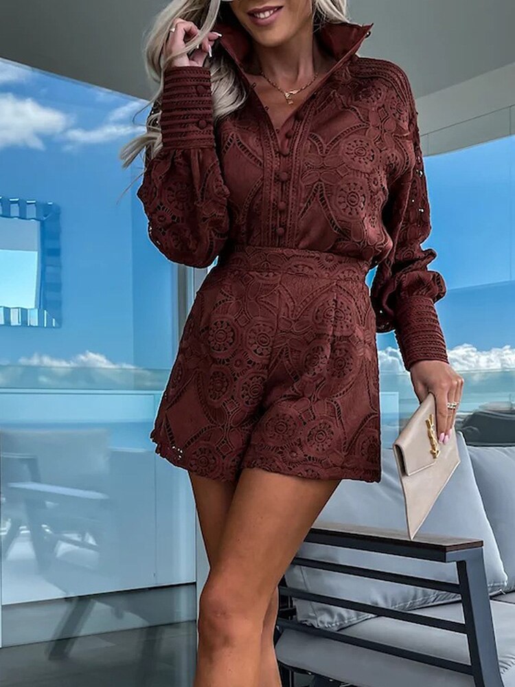 Women’s Two-Piece Set with Long Sleeve Blouse and Shorts | Clean Design