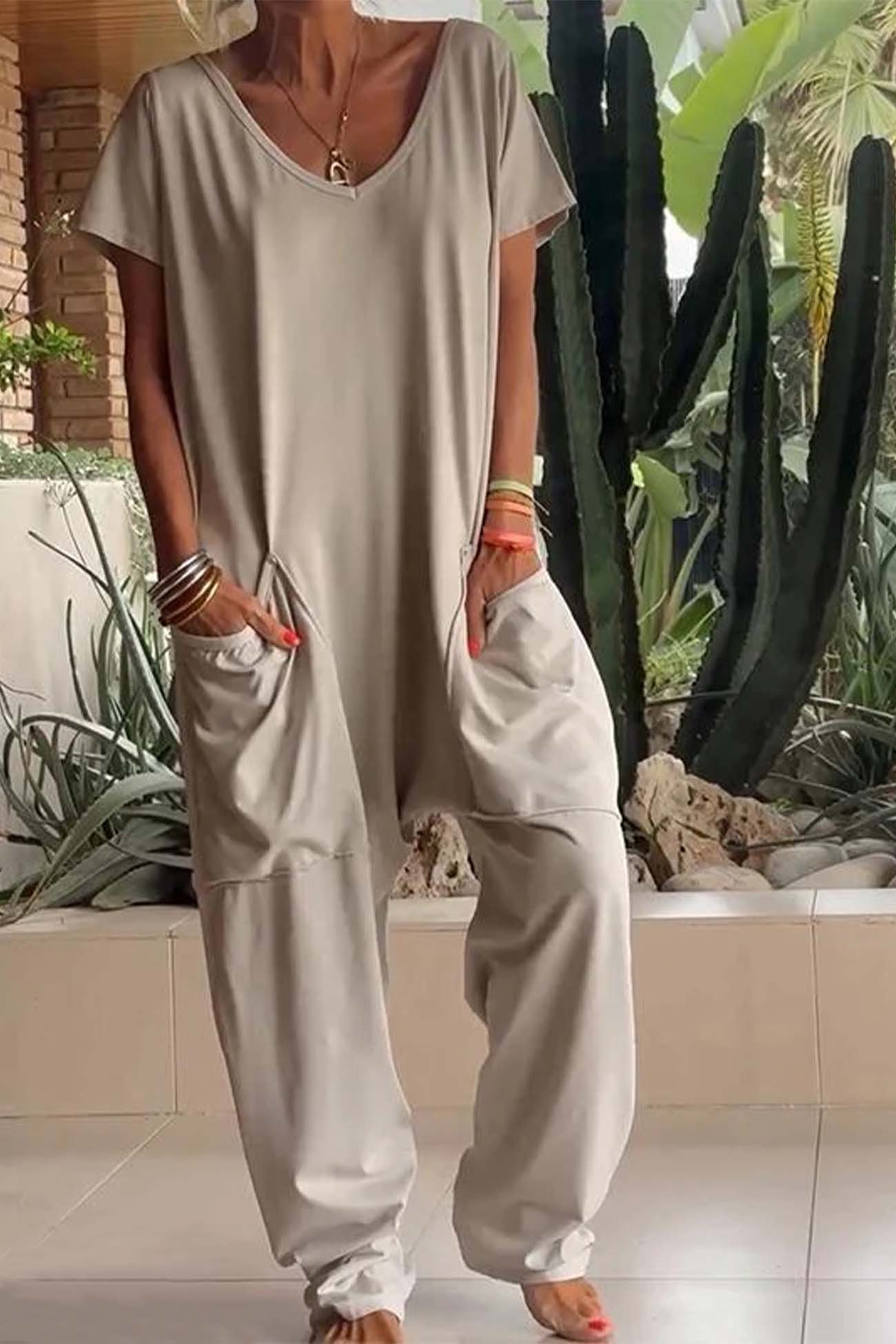 Women's V-Neck Short Sleeve Jumpsuit with Pockets and Loose Fit