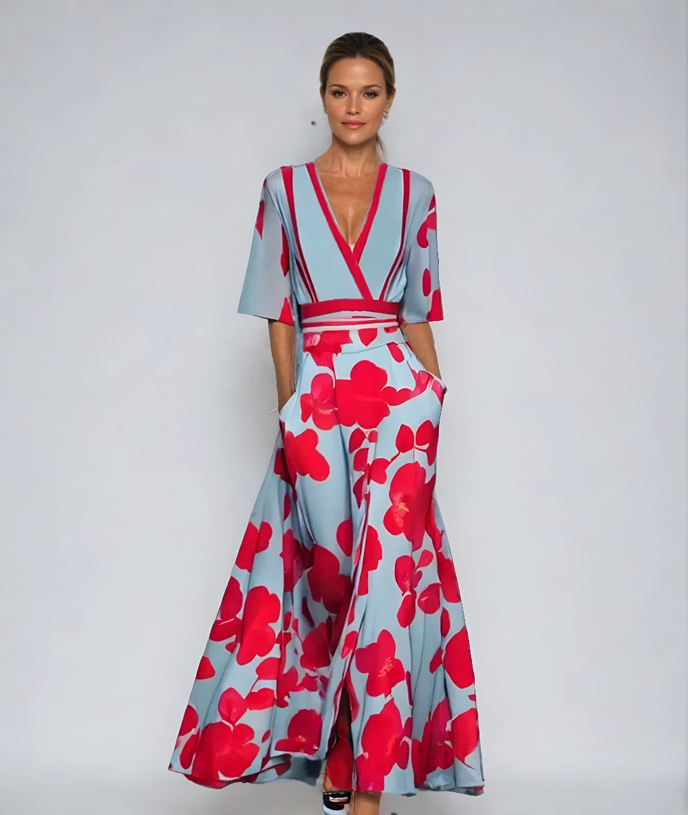 Women's Floral Wrap Dress with Adjustable Tie and Short Sleeves