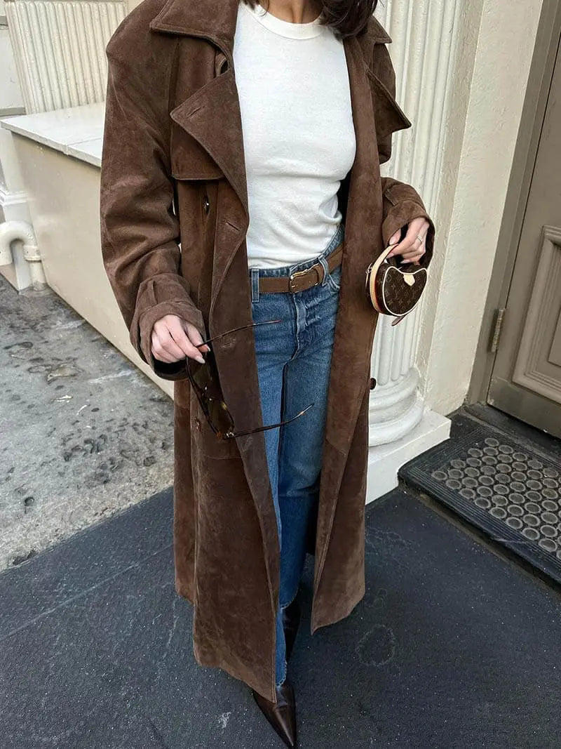 Elegant Faux Suede Trench Coat