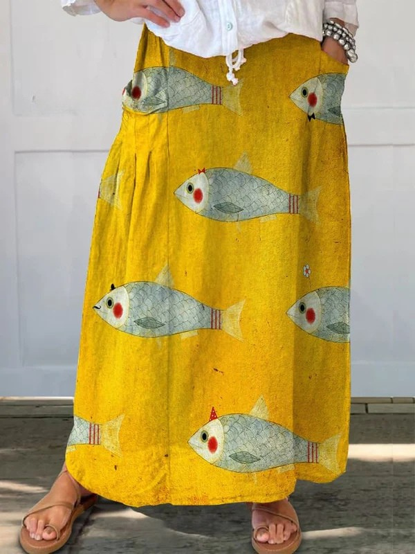 Women's Pocket Skirt with Vintage Fish Art Print and Versatile Design