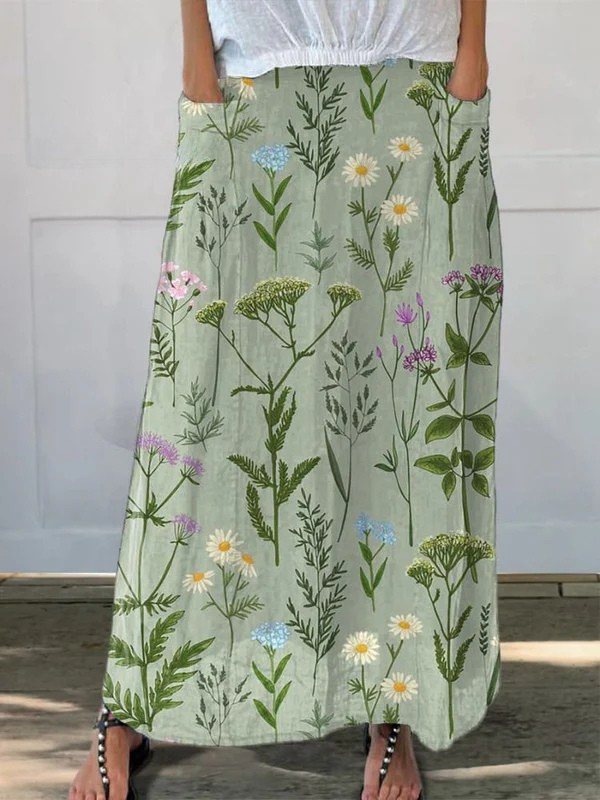 Women's Printed Pocket Skirt with Spring Field Pattern and Versatile Design