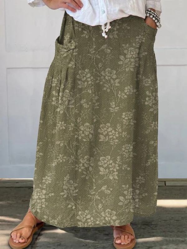 Women's Floral Pocket Skirt with Elastic Waistband and Versatile Style