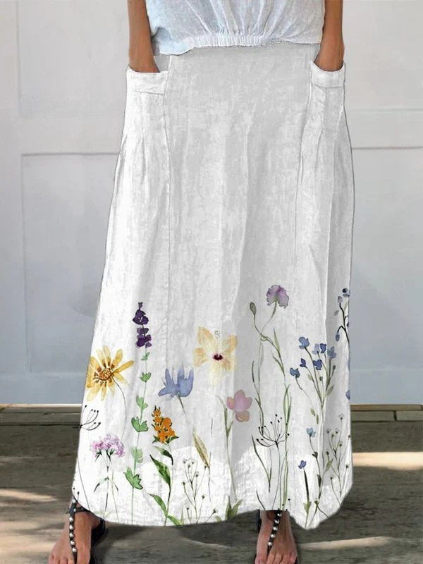 Women's Art Printed Skirt with Elastic Waistband and Pockets