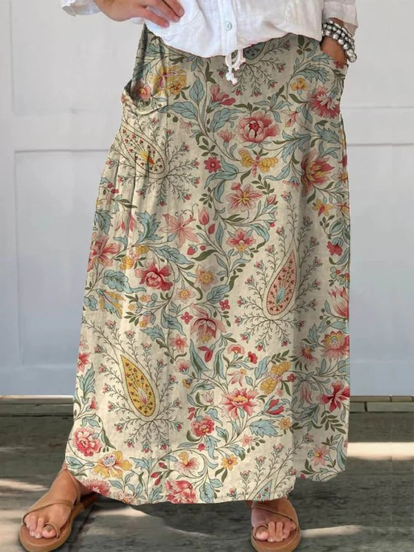 Women's Floral Print Skirt with Pocket Design and Vintage Style