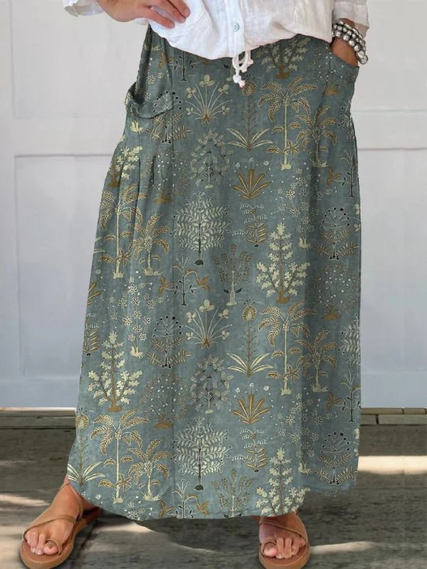 Women's Printed Skirt with Elastic Waistband and Pockets