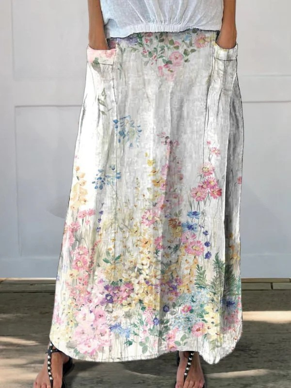 Women's Floral Print Skirt with Elastic Waistband and Pockets
