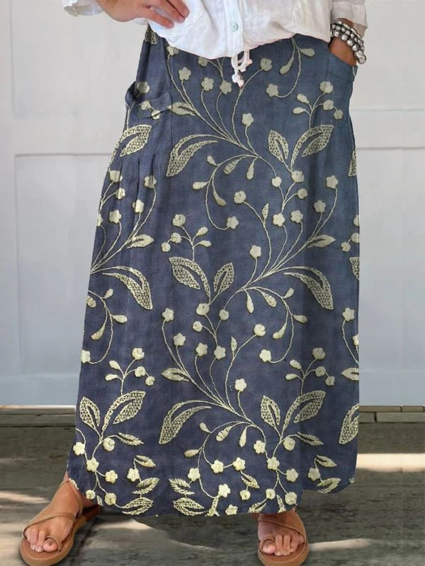 Women's Retro Floral Skirt with Elastic Waistband and Pockets