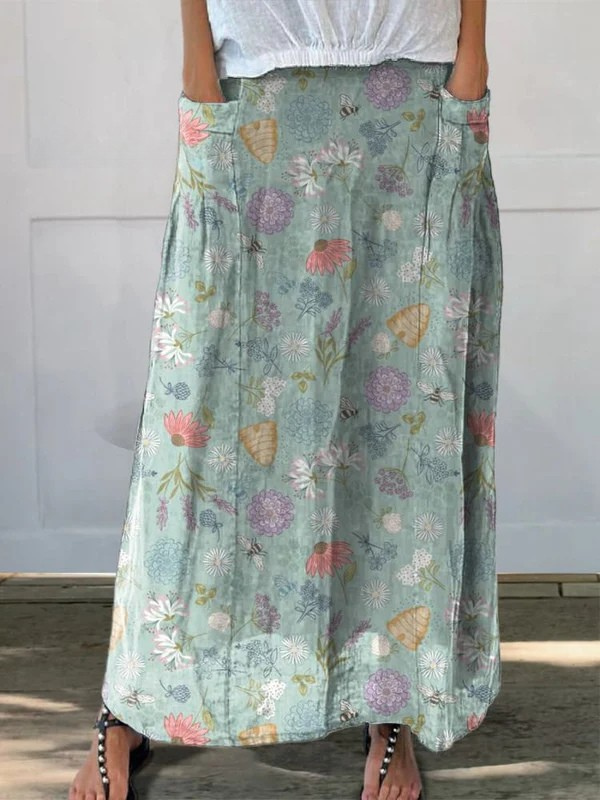 Women's Floral Print Skirt with Pocket Design and Bumble Bee Pattern