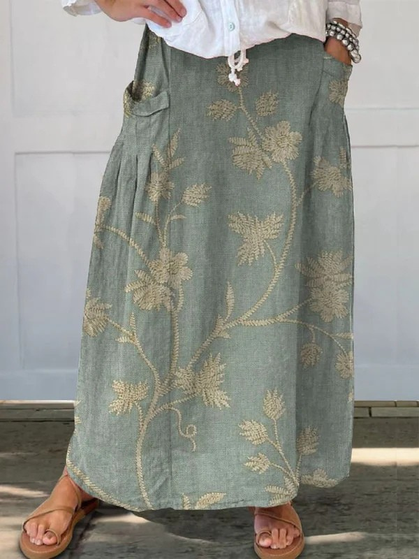 Women's Floral Print Skirt with Elastic Waistband and Pockets
