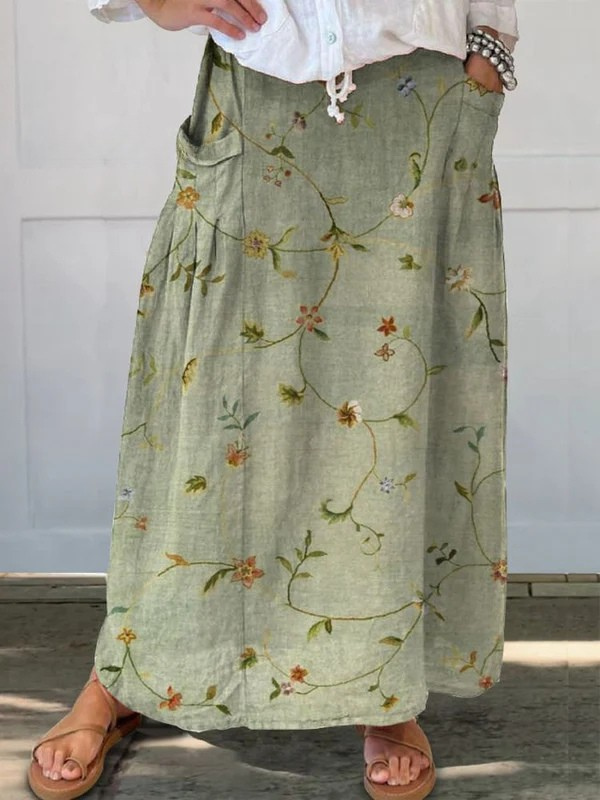 Women's Floral Print Skirt with Elastic Waistband and Pockets