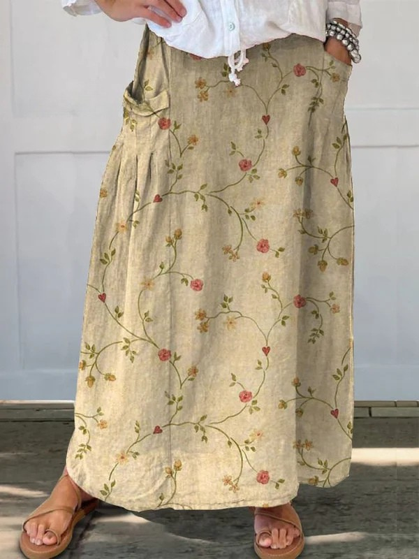 Women's Retro Floral Skirt with Elastic Waistband and Pockets