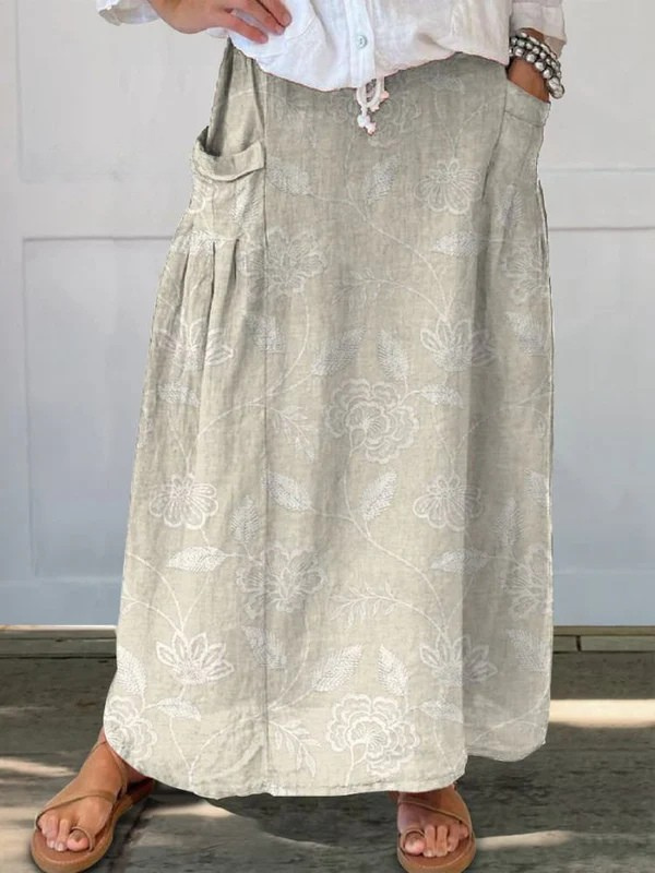 Women's Floral Print Skirt with Elastic Waistband and Pockets