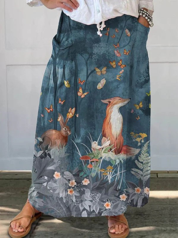 Women's Casual Pocket Skirt with Vintage Floral Design and Art Print